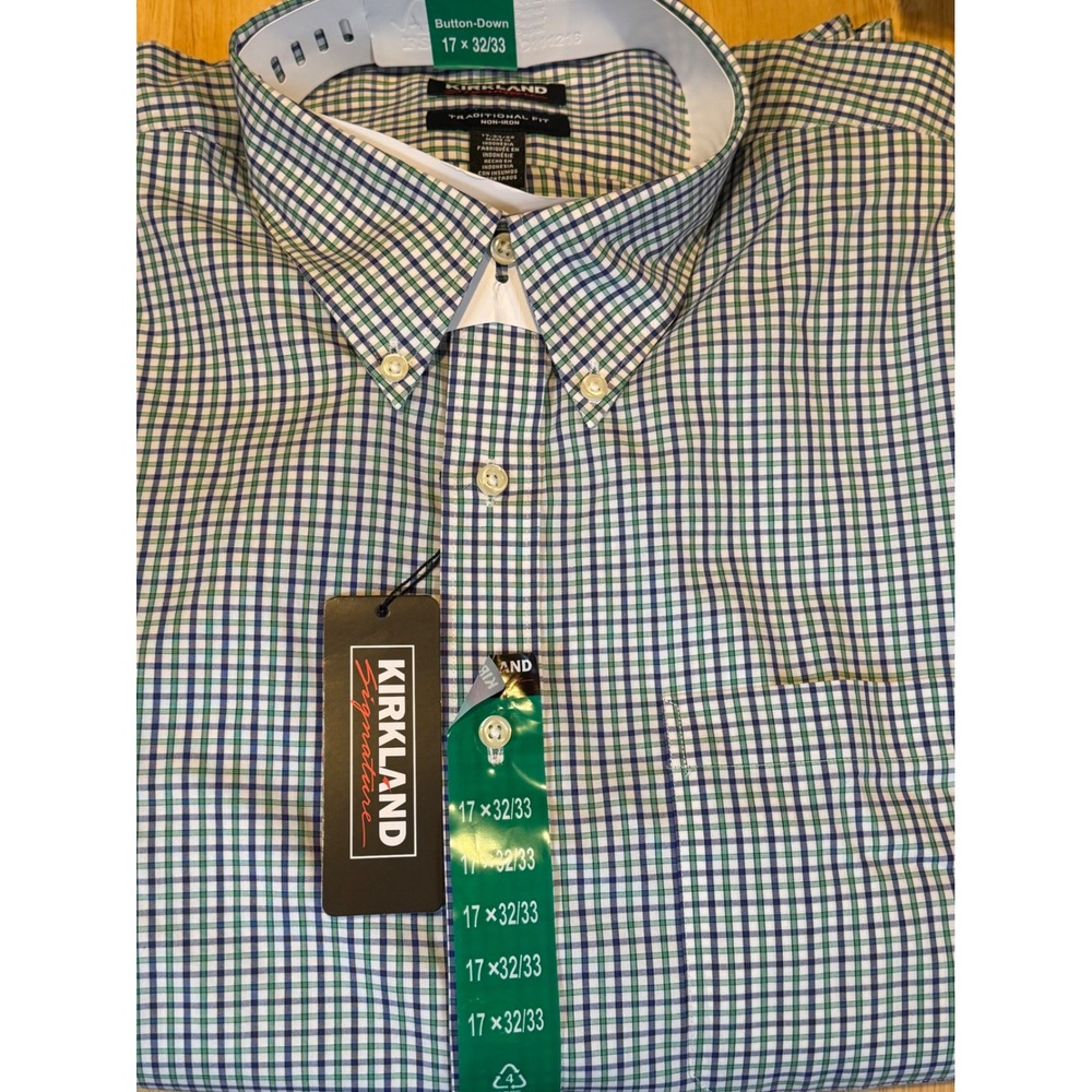 NWT Kirkland Signature‎ Mens 17 32/33 Traditional Fit Non-Iron Pima Cotton Shirt